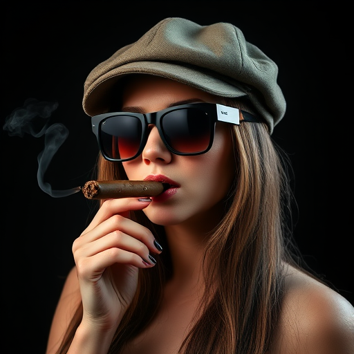 Regenerate an image of a woman with long hair wearing a flat cap and sunglasses, smoking a cigar, in a low-key lighting setup with a black background, captured with a Canon EOS R5 at 1/200s, f/2.8, ISO 100, 50mm lens, portrait orientation, using softbox lighting for a professional look.