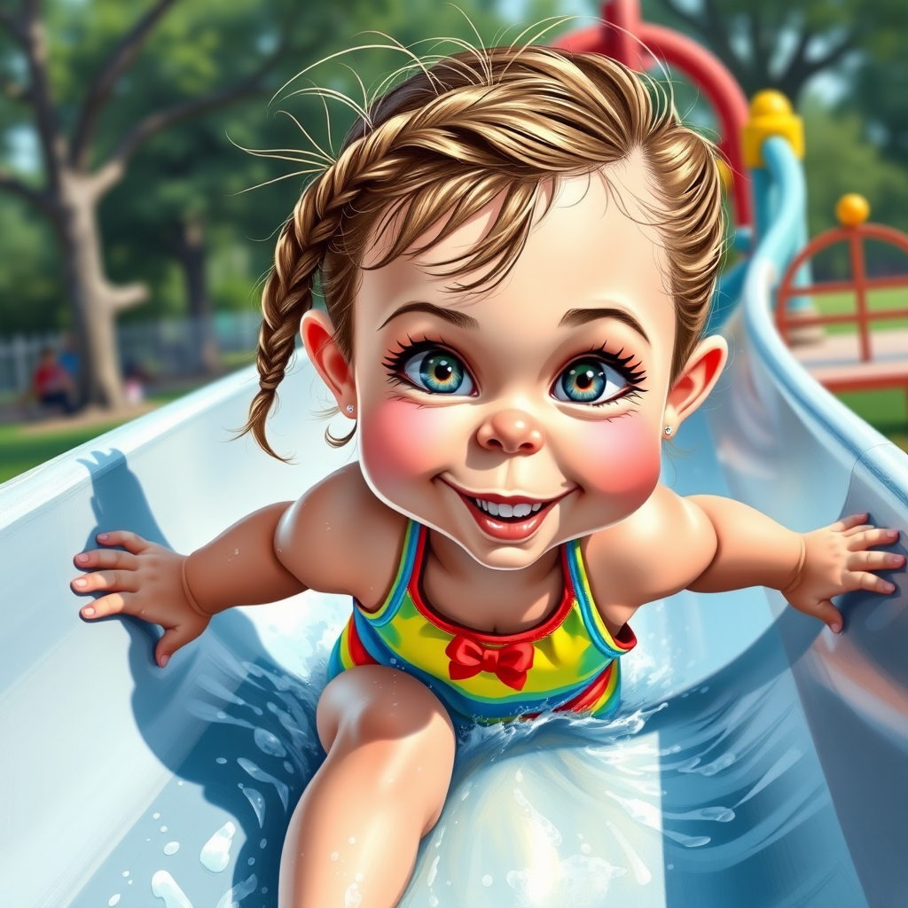 A sassy caricature toddler girl with medium highlighted hair in a messy braid, light eyes, fluffy long lashes, silly funny faces, wearing a colorful swimsuit, going down a waterslide face first, lots of water, created in highlighted chalk style, vibrant colors, background is a park with acrylic paint, airbrush