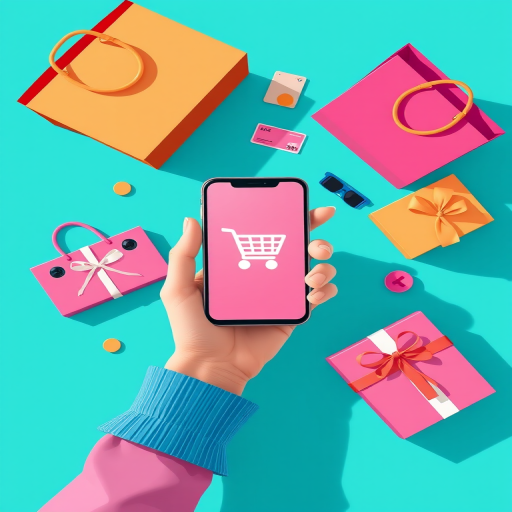 Create an illustration of a hand holding a smartphone with a shopping cart icon on the screen, surrounded by colorful shopping bags, a credit card, and a gift box, using a bright turquoise background, capture in 4K resolution, top-down view, with a digital art style and use a high-quality graphics tablet.