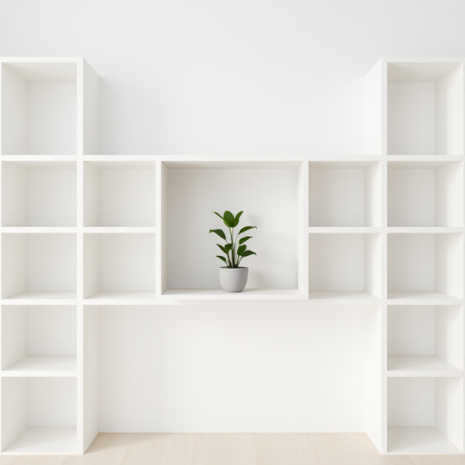 create an image of a minimalist wall with empty cubical shelves and a single pot with a small green plant in the center shelf, use a DSLR camera with a 50mm lens, aperture f/2.8, ISO 100, shutter speed 1/60s, natural lighting, and a slight perspective view to enhance depth and dimension.