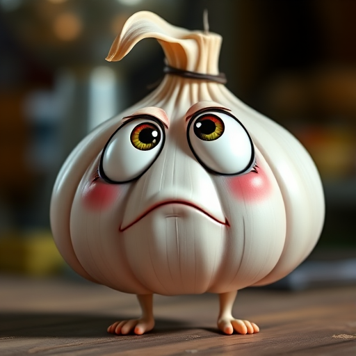 Generate an image of a cartoonish garlic character with large expressive eyes, a mischievous frown, and tiny legs, captured in high resolution with a 50mm lens, f/2.8 aperture, low light background, and vibrant colors using a DSLR camera style.