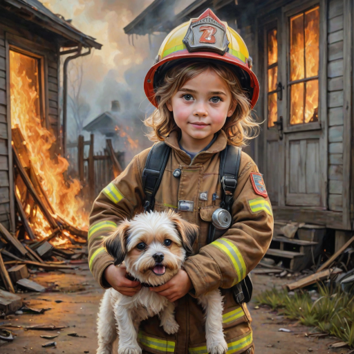 airbrushed oil painting, pixar style, cute little girl in fireman gear, helmet, tousled hair, expressive eyes, standing in the doorstep of a cottage burning behind him, holding a cute little dog in her arm, atumn sky