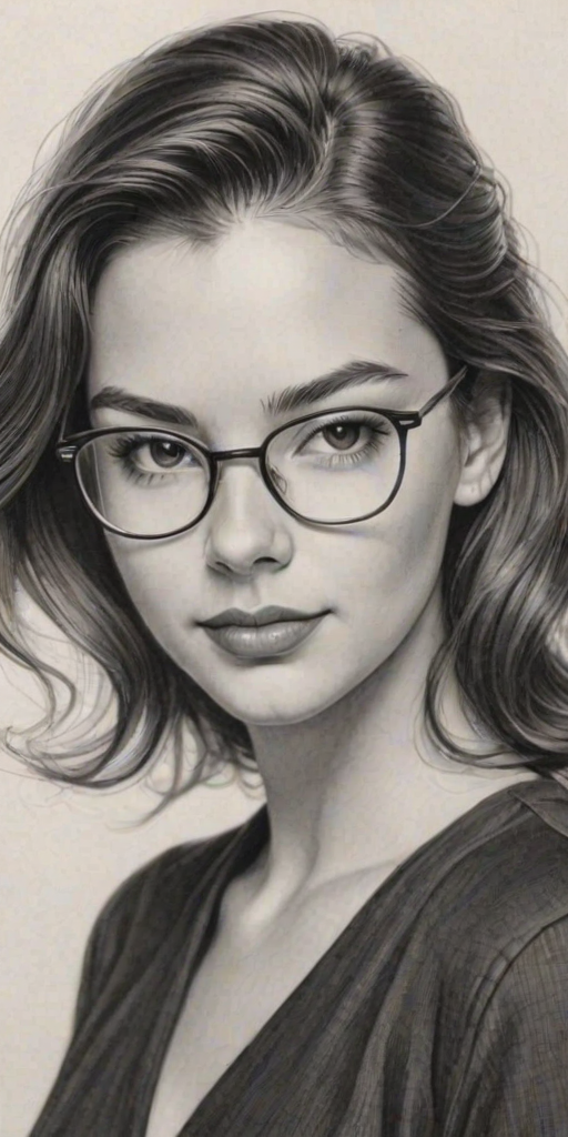 Dazzling Isabella Gomez, pencil sketch, portrait of Wonderful woman 1941s in glasses, hair style beatnik, outline, clear lines, fine lines, 8k