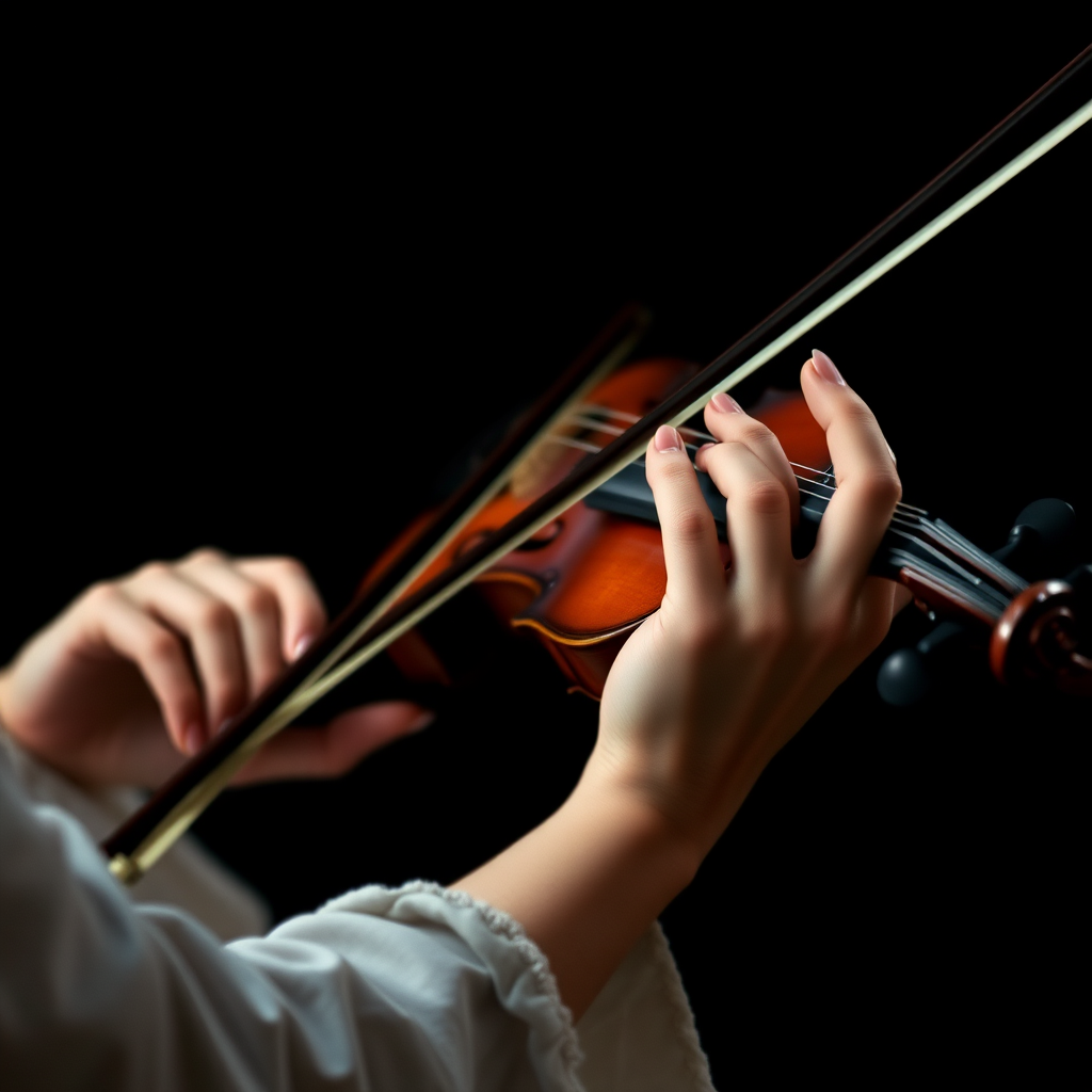 detailed edges, detailed image, perfection style, A cinematic detailed image of a woman playing a violin on a black background with both her hands, movie themed, sharp, detailed background, epic cinematic photography, artistic style, dramatic light style, cinematic color style, Kodak 35mm film style, detailed style, hand focus style, solo, simple background, 1boy, holding, male focus, black background, instrument, out of frame, realistic, music, playing instrument, holding instrument, violin, bow (music), fingernails, holding violin, photorealistic, hand focus
