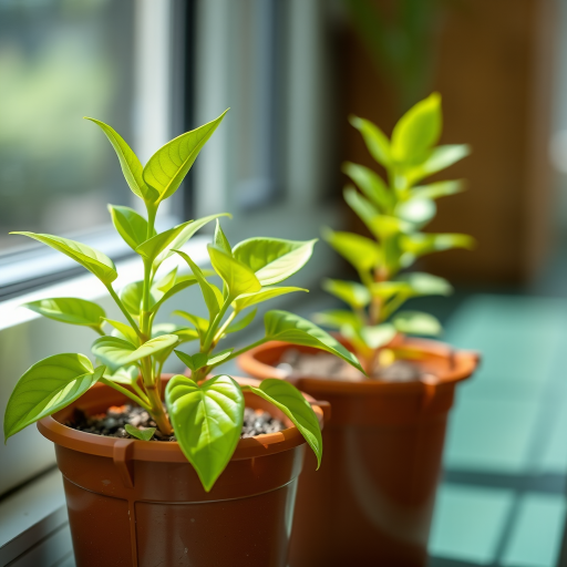 Create a high-resolution image of two potted plants with vibrant green leaves, using a DSLR camera at f/2.8 aperture, 50mm lens, natural lighting, and a shallow depth of field to emphasize the textures of the pots and leaves, shot from a slightly elevated angle.