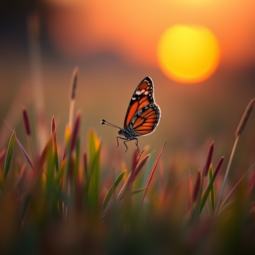 butterfly in colorful grass at sunset, shallow depth of field, f/2.8, ISO 100, 50mm lens, soft focus, macro photography, vibrant colors, DSLR camera
