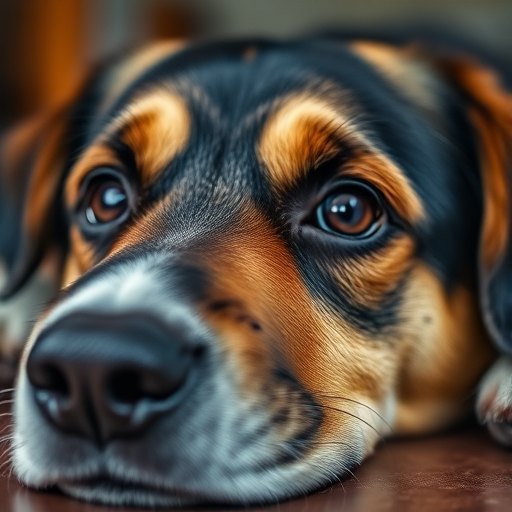 Capture a close-up image of a resting dog with a focus on its expressive eyes and fur texture, using a DSLR camera, 50mm lens, f/2.8 aperture, ISO 100, natural lighting, and a shallow depth of field to enhance details and create a soft background blur.