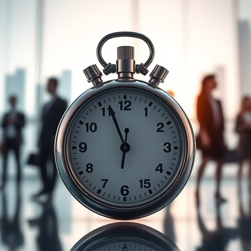 Create an image of a stopwatch with an abstract background, featuring silhouettes of business professionals in formal attire, shot with a DSLR camera at f/4, ISO 200, 1/125 sec, using a wide-angle lens at 24mm to enhance depth and clarity.