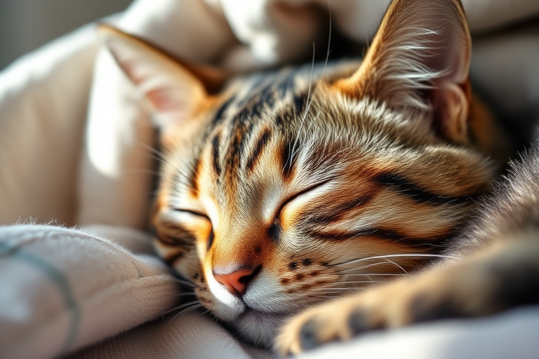 Close-up of a sleeping tabby cat partially covered by a soft blanket, with natural light illuminating its face, taken with a DSLR camera, 50mm f/1.8 lens, ISO 200, shutter speed 1/100 sec, shallow depth of field for a soft background.