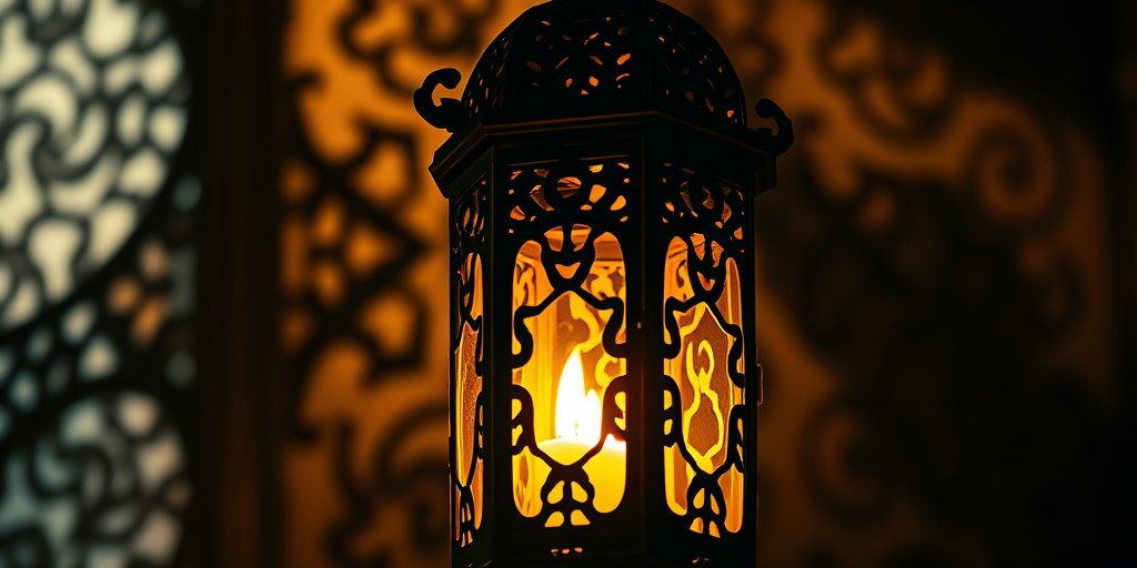 a beautifully lit Moroccan lantern casting intricate shadows, warm candlelight glowing softly inside, detailed background with ornate patterns, captured with a Canon EOS R5, 85mm lens, aperture f/1.8, ISO 100, shutter speed 1/60s, at a low angle for dramatic effect.
