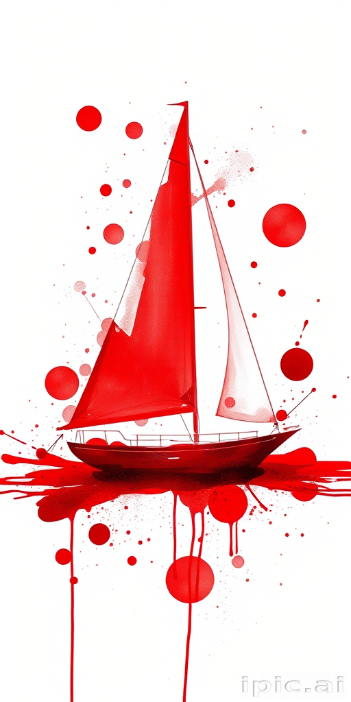 painting a red sailboat on a white background, red paint spots, analytical art, abstract brush strokes, alcohol ink, large spots, splashes of paint drops