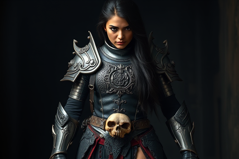 Create a photo of a fierce Afghan female warrior with long black hair, wearing an ornate, metallic armor. The armor includes a breastplate with intricate designs, shoulder guards, and gauntlets. The breastplate is decorated with a central emblem, possibly representing a mythical symbol, and has a sculpted, form-fitting design. She wears a belt with a large skull ornament at the center, and her armor extends into a partial skirt, revealing one leg. The overall look is both protective and stylish, with a dark, gothic aesthetic. The background is dimly lit, suggesting a medieval or fantasy setting, enhancing the warrior's imposing presence and intense expression.
