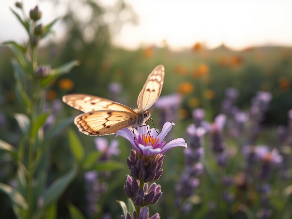 Softly focused close-up of a butterfly resting on a lavender flower, its delicate wings gently illuminated by soft morning light, with vibrant green foliage and distant wildflowers barely visible in the background.