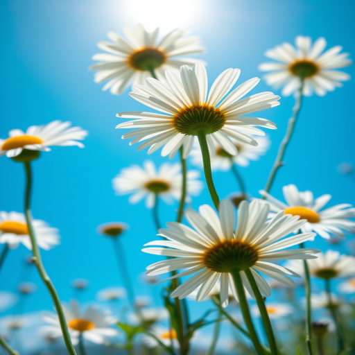 high-resolution macro shot of blooming daisies against a bright blue sky, aperture f/2.8, shutter speed 1/500s, ISO 100, 50mm lens, taken with a DSLR camera from a low angle for a dynamic perspective