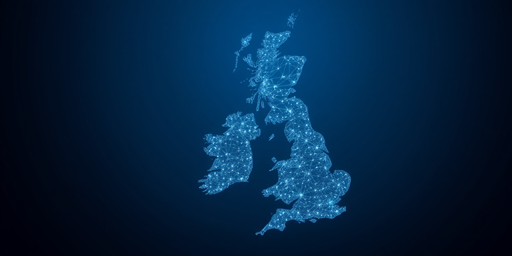 Create a high-resolution digital artwork of the United Kingdom map, using a blue gradient background, illuminated with a sparkling network of stars, captured with a DSLR camera set to f/8 aperture, ISO 100, 24mm lens, in landscape orientation for enhanced detail and clarity.