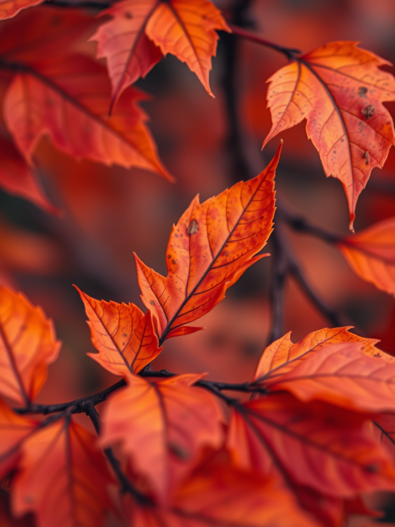 create a high-resolution close-up of autumn leaves in vibrant orange and brown shades, natural lighting, f/2.8 aperture, 50mm lens, macro photography style, DSLR camera, focus on texture and detail