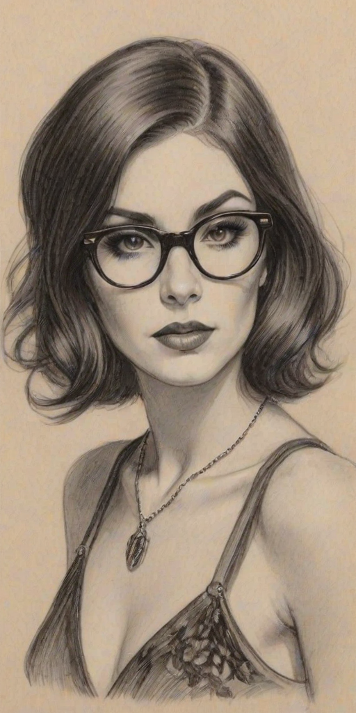 Sublime Kat Von D, pencil sketch, portrait of Appealing woman 1926s in glasses, hair style beatnik, outline, clear lines, fine lines, 8k