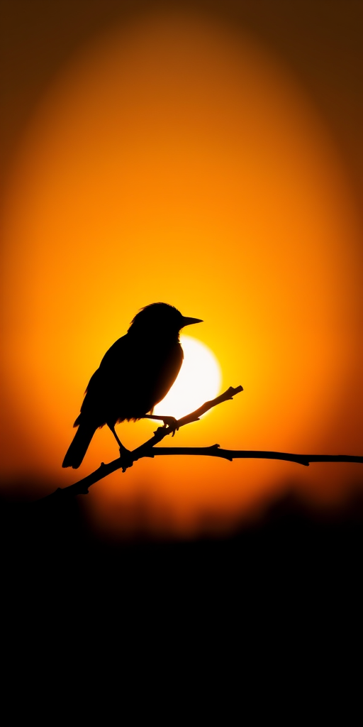Capture a high-contrast black silhouette of a bird perched on a branch against a sunset background, using a DSLR camera with a 50mm lens, aperture set to f/2.8, ISO 100, and a shutter speed of 1/250s, with a slight vignette effect for depth.