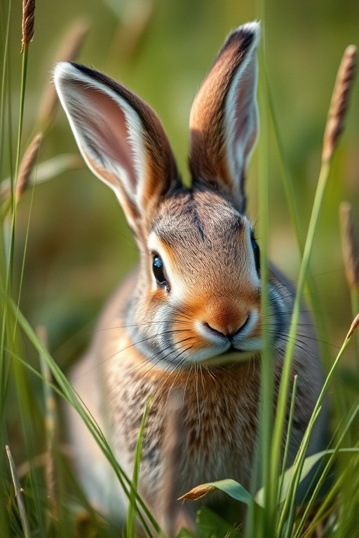 close-up shot of a rabbit in tall grass, 50mm lens, aperture f/2.8, ISO 200, shutter speed 1/250s, natural light, shallow depth of field, DSLR camera