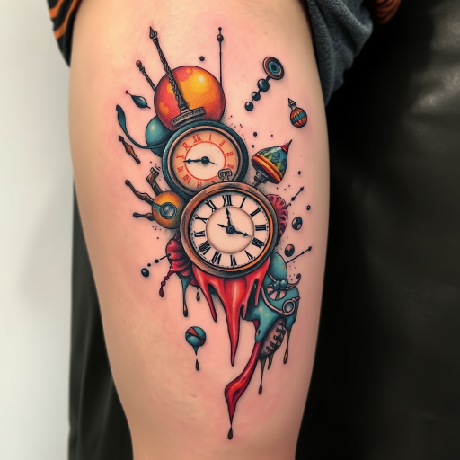Surrealist tattoo called "Dreamscape Fusion" blending abstract elements, melting clocks, and floating objects in a Salvador Dali-inspired composition, perfect for thigh or side placement