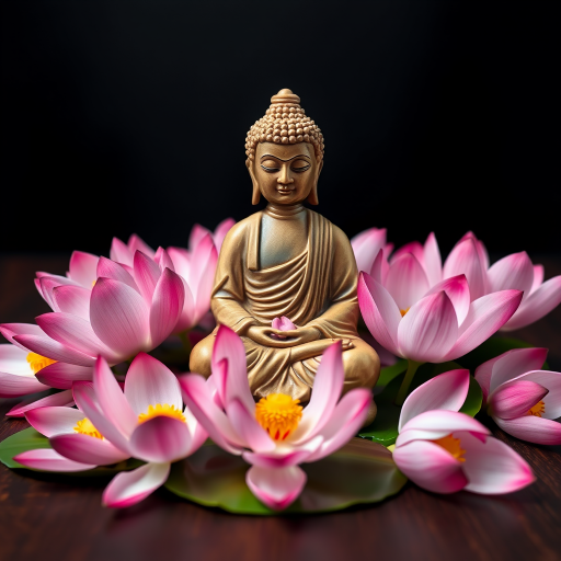 Buddha statue surrounded by pink lotus flowers on a wooden surface with a dark background, shot with a DSLR camera at 50mm lens, f/1.8 aperture, ISO 100, soft focus, natural light.