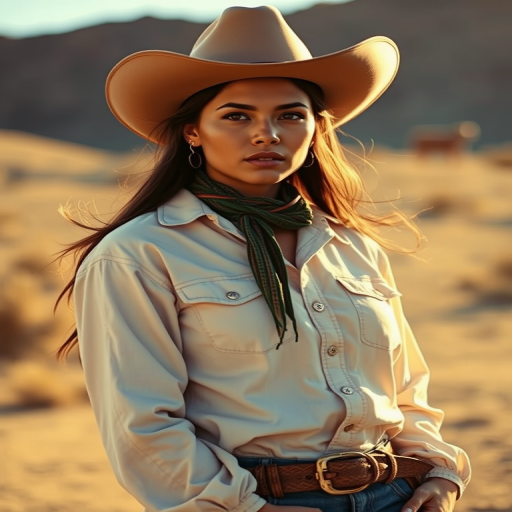 Dramatic photo of a beautiful Aymara woman, classic cowboy attire, confident and free spirit expression, half-length portrait, centered, golden hour desert landscape, warm, diffused light, low angle, medium format film camera, in style of Annie Leibovitz.