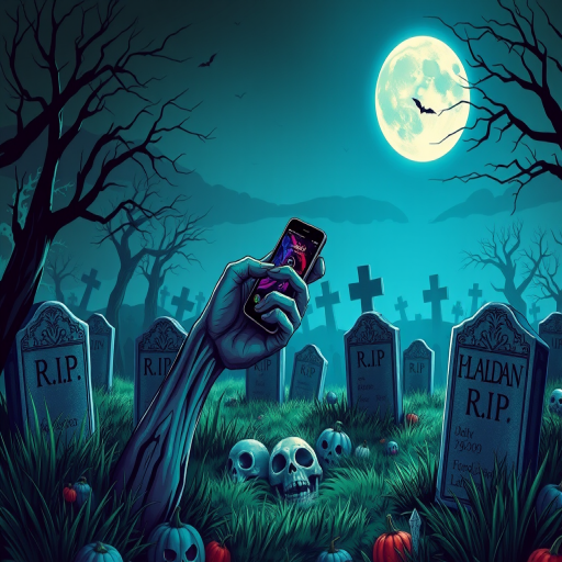 Create a Halloween-themed illustration featuring a graveyard at night, with a zombie hand reaching out from the ground holding a smartphone, a full moon in the background, gravestones with carved names and 'R.I.P', use vibrant colors, high contrast, 4K resolution, shot with a Canon EOS 5D Mark IV, 24mm lens, aperture f/8, ISO 200, and a slight tilt to give a dramatic perspective.