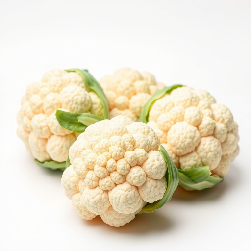 Three fresh cauliflower heads arranged artistically on a white background, taken with a DSLR camera at f/8 aperture, ISO 100, 50mm lens, and a soft diffused lighting setup for enhanced detail and texture.