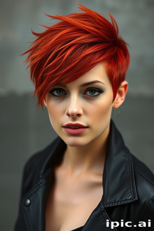 Vibrant red-haired beauty showcasing a pixie cut with edgy, textured layers, emphasizing her fiery personality and bold style choices