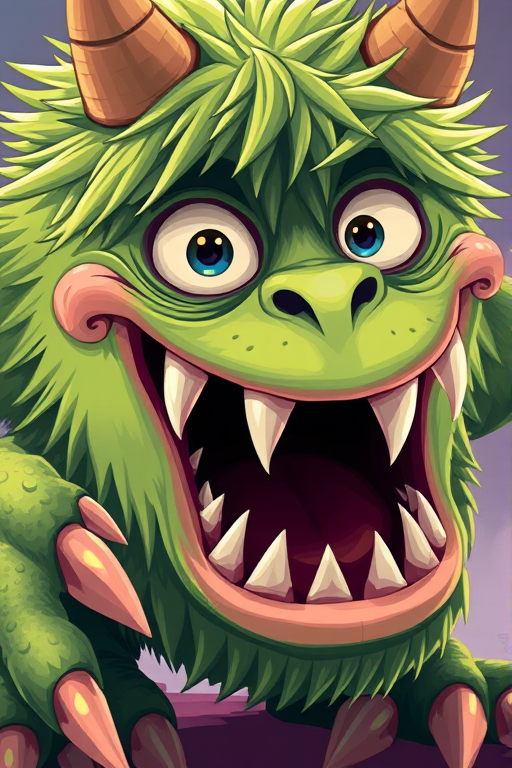 Create a vibrant, cartoon-style image of a whimsical monster with green fur, sharp claws, and an exaggerated mouth filled with teeth, using high-resolution settings, a close-up view, a vibrant color palette, and a digital art style.