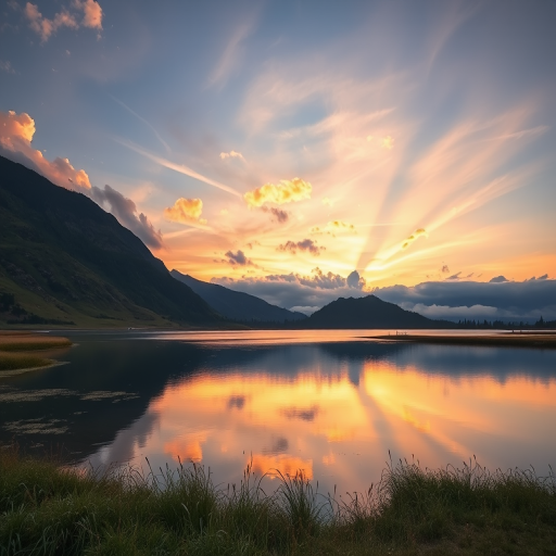 Generate a high-resolution image of a serene landscape at sunrise with soft clouds and a calm lake reflecting the colors, shot with a Canon EOS R5 at 24mm f/4, ISO 100, under natural lighting conditions.