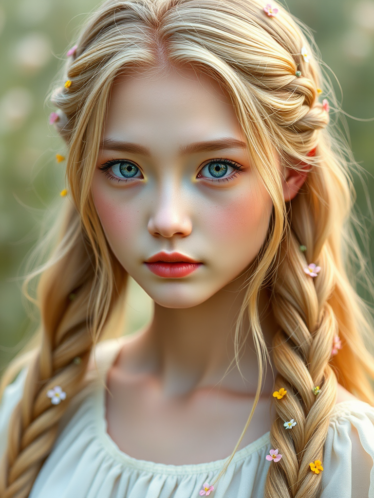 Create an image of a young Japanese woman with long, wavy blonde hair, adorned with small, colorful flowers woven into her braids and loose strands. Her complexion is fair, with soft, glowing skin, and she has light blue eyes that gaze softly at the viewer. She wears a light, flowing dress with a gentle, ethereal quality, complementing her delicate and serene appearance. The background is slightly blurred, drawing focus to her tranquil expression and the intricate details of the flowers in her hair. The overall mood of the image is one of natural beauty and grace, evoking a sense of peacefulness and connection with nature.