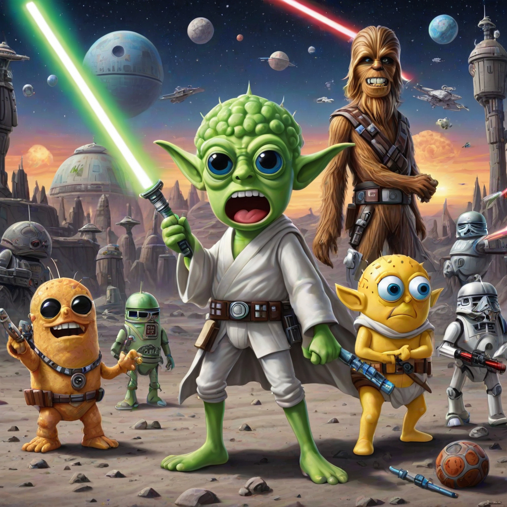 Create a parody of the Star Wars poster with SpongeBob as Luke Skywalker, holding a glowing spatula like a lightsaber. Patrick Star takes the role of Han Solo, holding a blaster, while Squidward is Obi-Wan Kenobi, draped in robes. In the background, Plankton appears as Darth Vader, with Bikini Bottom’s landmarks reimagined as spaceships and planets. The iconic Star Wars logo is swapped for "Sponge Wars," creating a playful, sci-fi adventure scene.