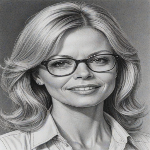 Wonderful Faith Ford, pencil sketch, portrait of Radiant woman 1974s in glasses, hair style beatnik, outline, clear lines, fine lines, 8k