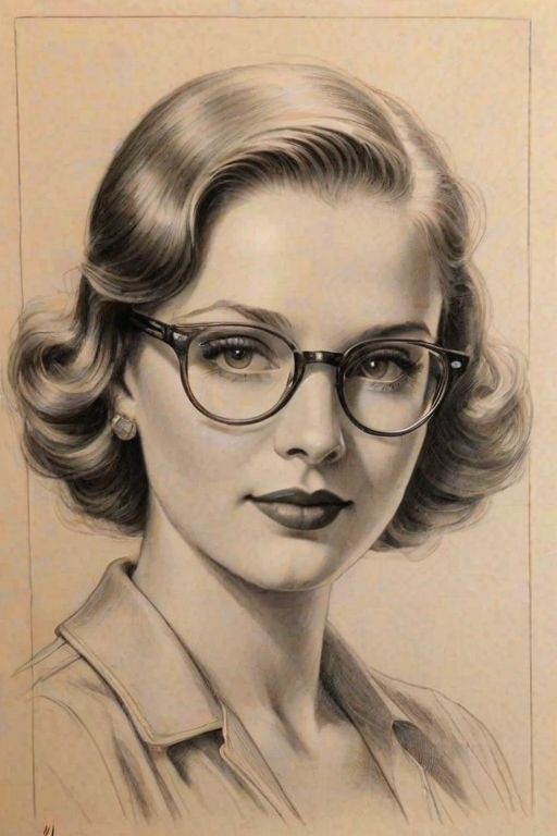 Stunning Mary Elizabeth Ellis, pencil sketch, portrait of Gorgeous woman 1930s in glasses, hair style beatnik, outline, clear lines, fine lines, 8k
