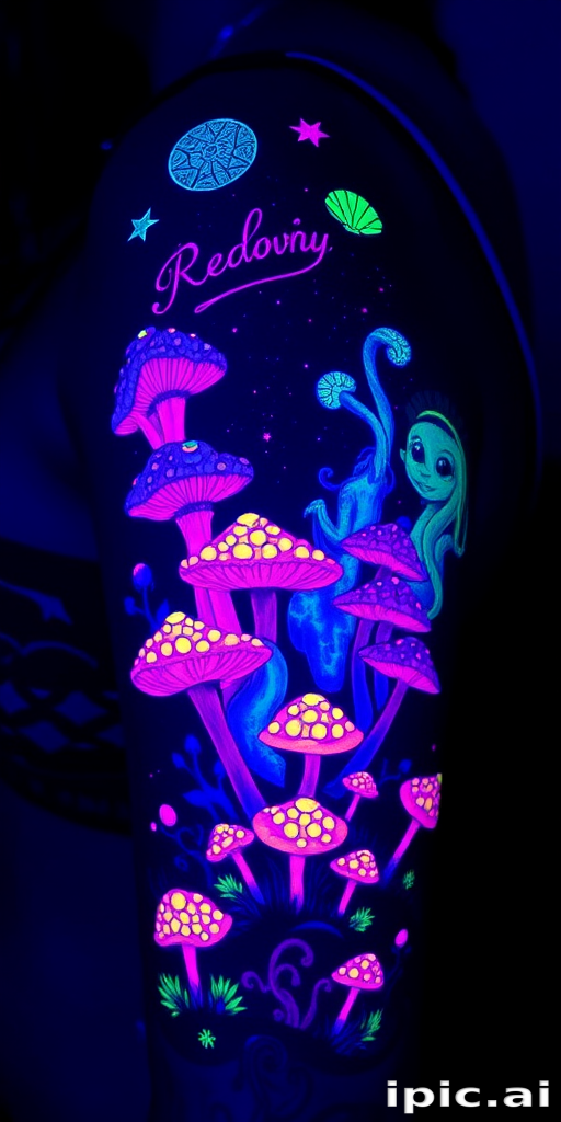 Vivid UV blacklight tattoo dubbed "Neon Dreamscape" featuring a surreal landscape of glowing mushrooms and ethereal creatures that come to life under ultraviolet light