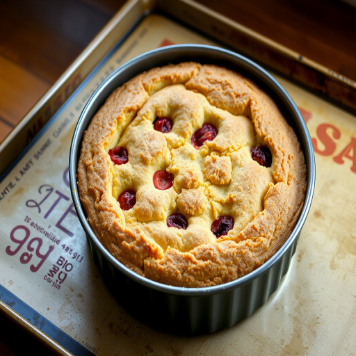A freshly baked cake in a round springform pan with a golden brown top and a crumbly texture, placed on a rustic baking sheet with a slightly worn surface. The cake features visible bits of fruit peeking through the top crust, creating an inviting and homemade appearance.