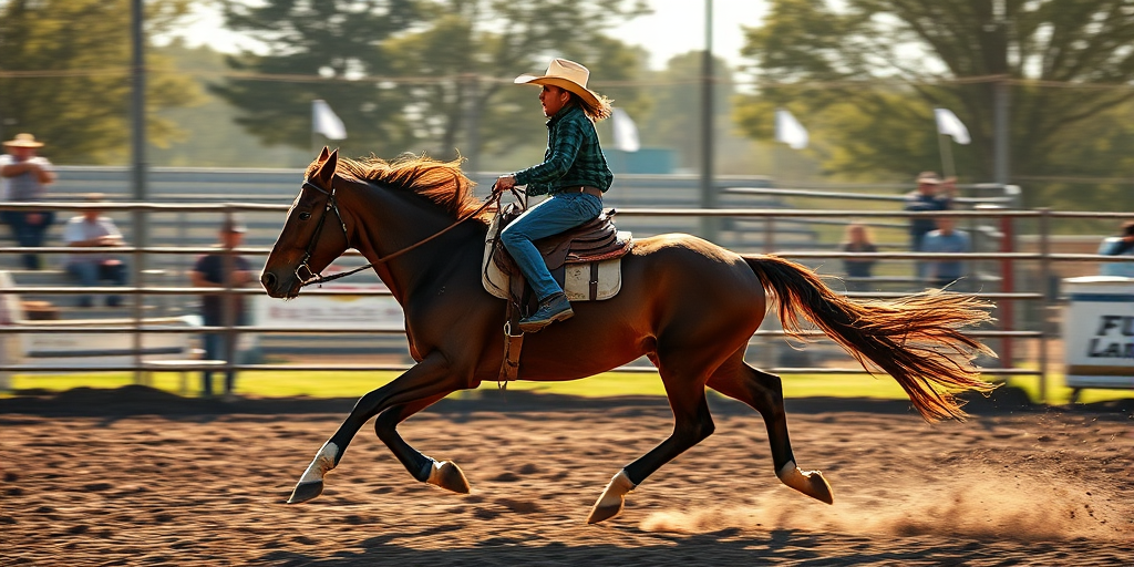 Create an image of a rodeo scene featuring a rider on a galloping horse, captured in natural light with a shallow depth of field, using a DSLR camera at f/2.8, ISO 200, and a focal length of 50mm, in a panoramic view to enhance the background details and motion.