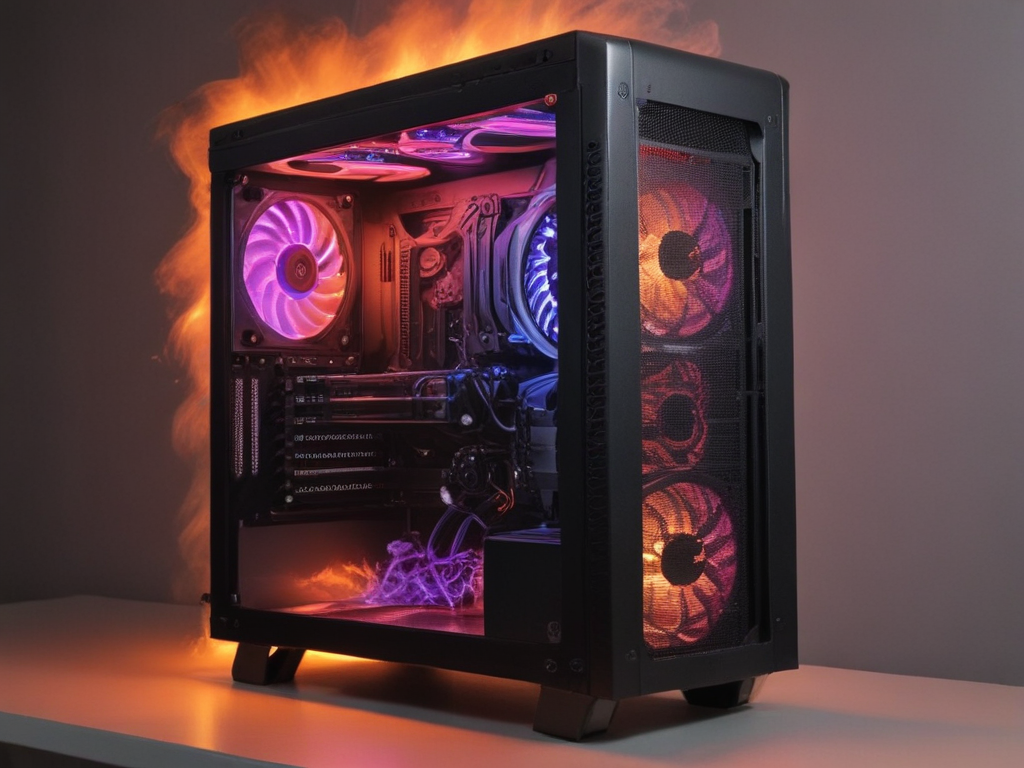 make a computer pc case that has a fire burning inside with smokes. you ...