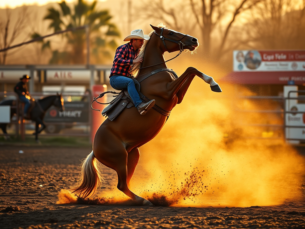 Capture a dynamic rodeo scene featuring a rider on a rearing horse with dust flying, shot in natural light during golden hour, using a Canon EOS R5 camera, 85mm lens, aperture f/2.8, shutter speed 1/1000s, ISO 400, with a shallow depth of field to emphasize action.