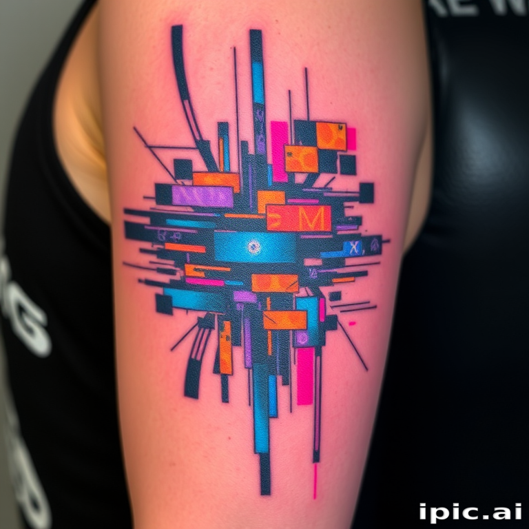 Glitch art tattoo titled "Digital Distortion" incorporating pixelated elements and fragmented imagery to create the illusion of a computer glitch on the skin, with neon colors and abstract patterns adding to the futuristic aesthetic