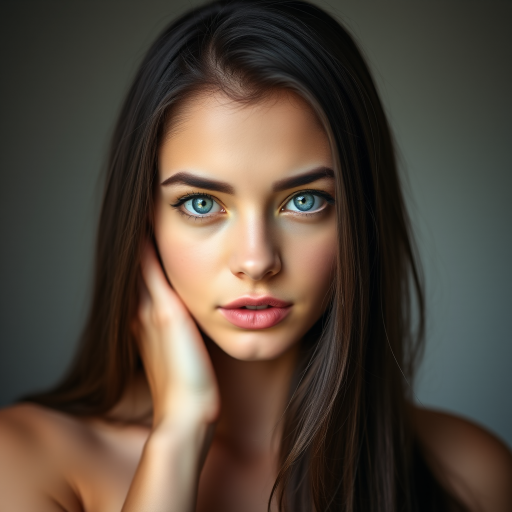portrait of a young woman with long dark hair and striking blue eyes, soft natural light, shallow depth of field, 85mm lens, f/1.8, ISO 100, DSLR, studio setup