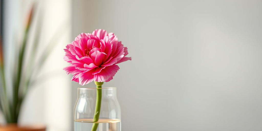 Create a hyper-realistic image of a single pink carnation in a modern glass vase with a soft focus background, using a 50mm lens, f/1.8 aperture, ISO 200, ambient lighting for soft shadows, shot from a 45-degree angle to enhance depth.