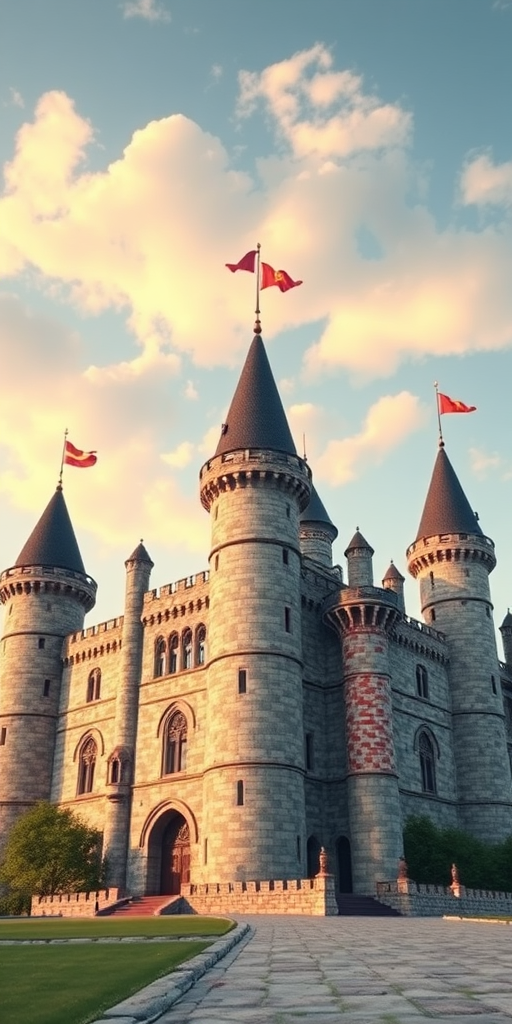 Create a high-resolution 3D render of a medieval castle with multiple towers and flags, captured from a low angle using a DSLR camera with a 50mm lens, f/2.8 aperture, ISO 100, and a wide dynamic range to enhance colors and details.