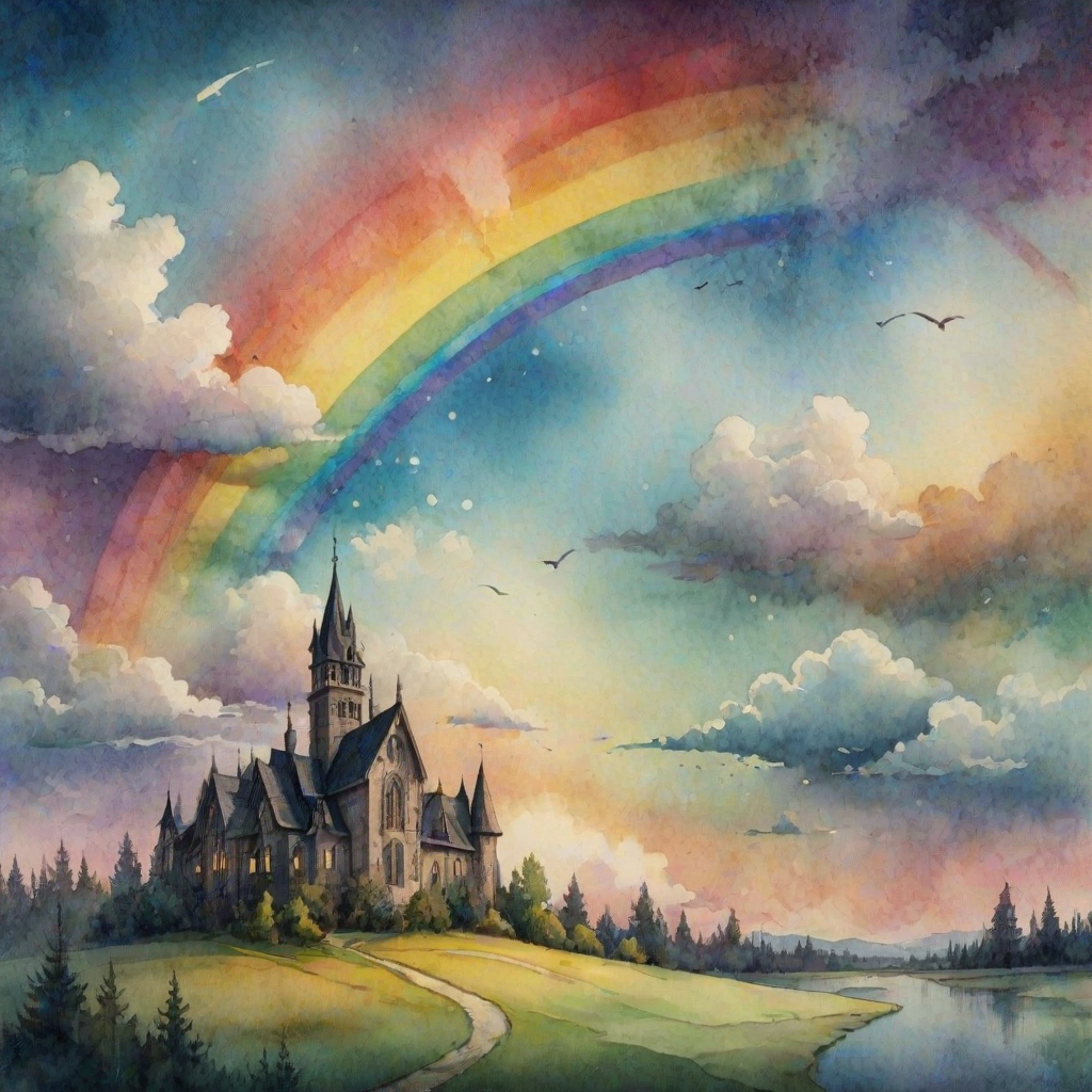 A whimsical and surreal sky with a vibrant rainbow, featuring dramatic lighting effects and a textured watercolor background, with a touch of gothic aesthetic.