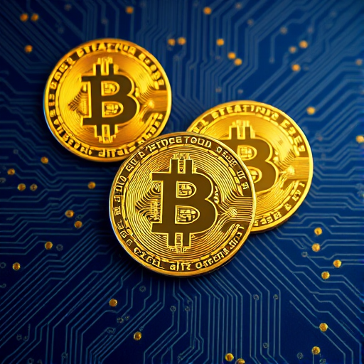 Create an ultra-realistic image of three golden Bitcoin coins surrounded by intricate, glowing circuits on a deep blue background, using a DSLR camera with a 50mm lens, aperture f/1.8, ISO 200, and a shallow depth of field, top-down view, soft lighting to enhance reflections and textures.