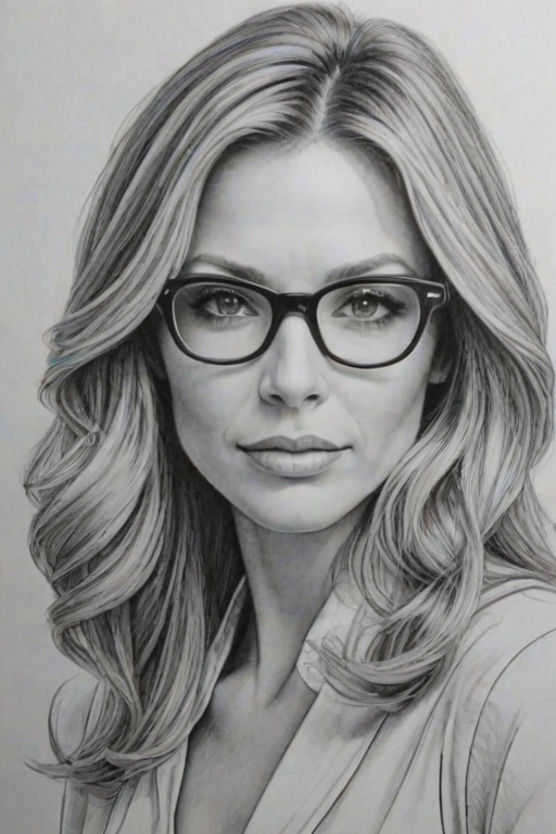 Stunning Debbie Matenopoulos, pencil sketch, portrait of Ravishing woman 1974s in glasses, hair style beatnik, outline, clear lines, fine lines, 8k