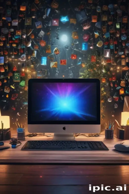 Creative Workspace with a Computer Against a Colorful Background of Magnets