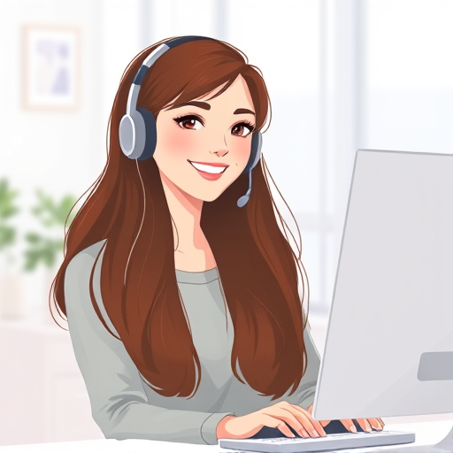 Create an illustration of a cheerful woman with long brown hair wearing a headset, sitting in front of a computer monitor, in a clean and modern workspace, using a soft color palette, with a clear focus, high resolution, DSLR camera settings: f/2.8 aperture, 1/60 shutter speed, ISO 100, in a brightly lit room with soft diffused lighting, shot from a slightly elevated angle.