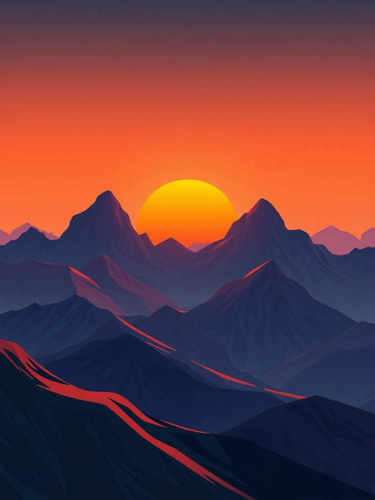 Create a digital illustration of abstract mountains with a sunset in warm tones, using a Canon EOS R5 with a 50mm lens at f/8, ISO 100, and a landscape orientation for enhanced clarity and detail.